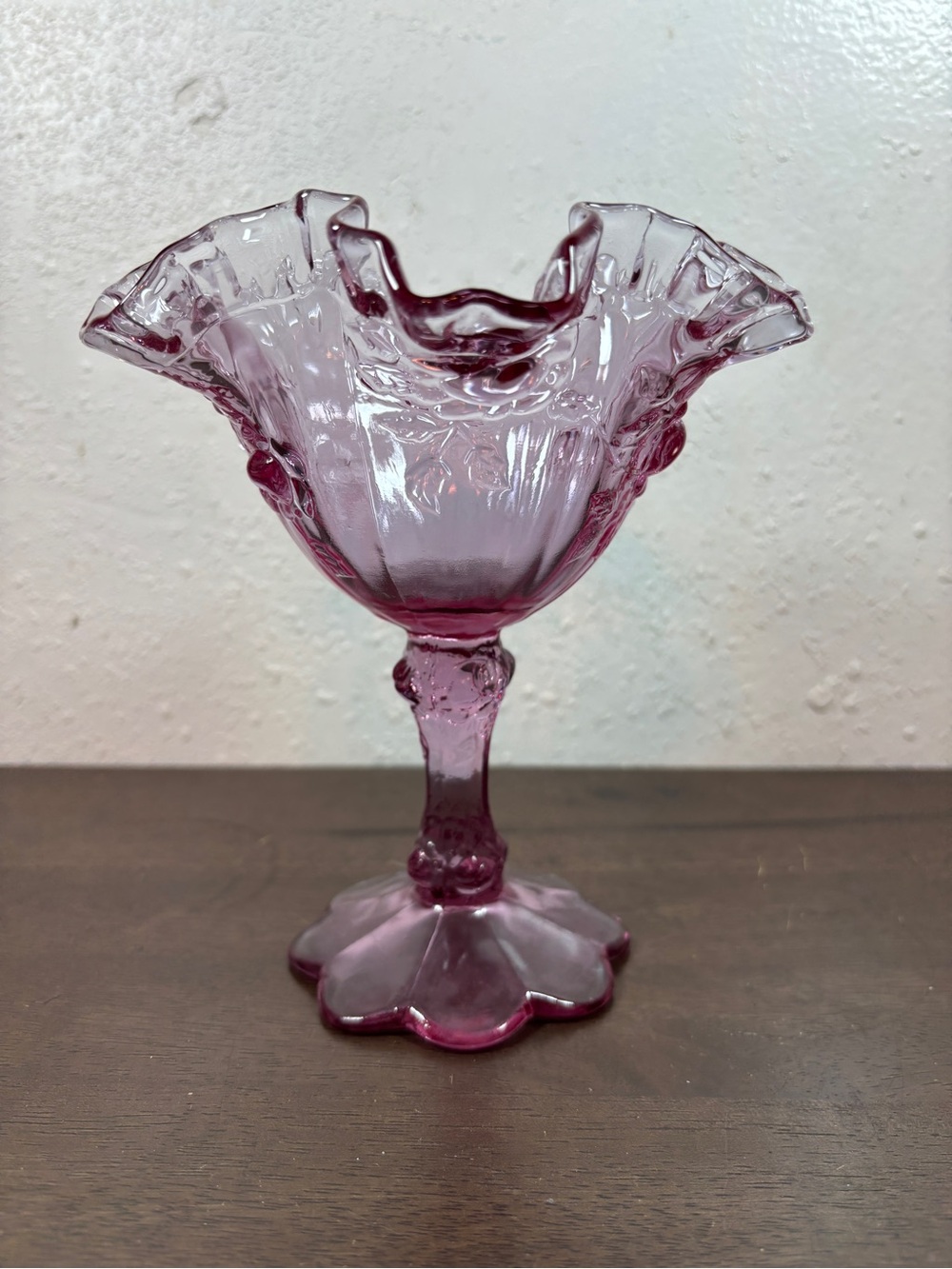 Fenton Pink Ruffled Compote with Ornate Stem